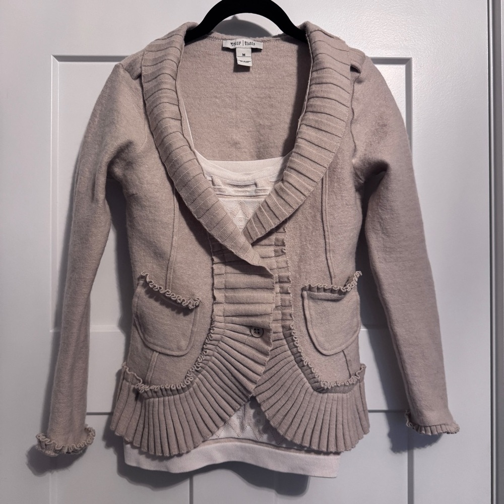 White House Black Market Beige Cardigan with Ruffle Details
